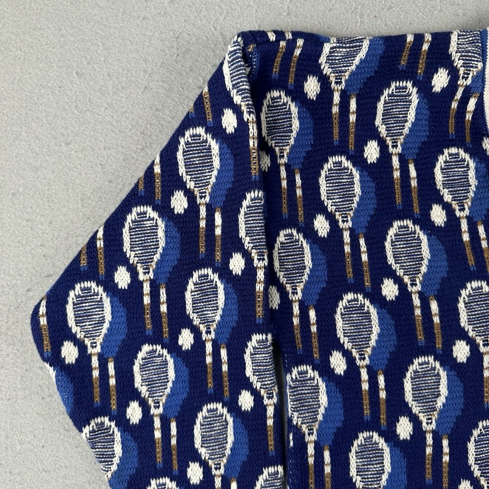 Vintage Tennis Sweater Men's Medium Blue AOP Racket V Neck Knit Pullover - Picture 11 of 16